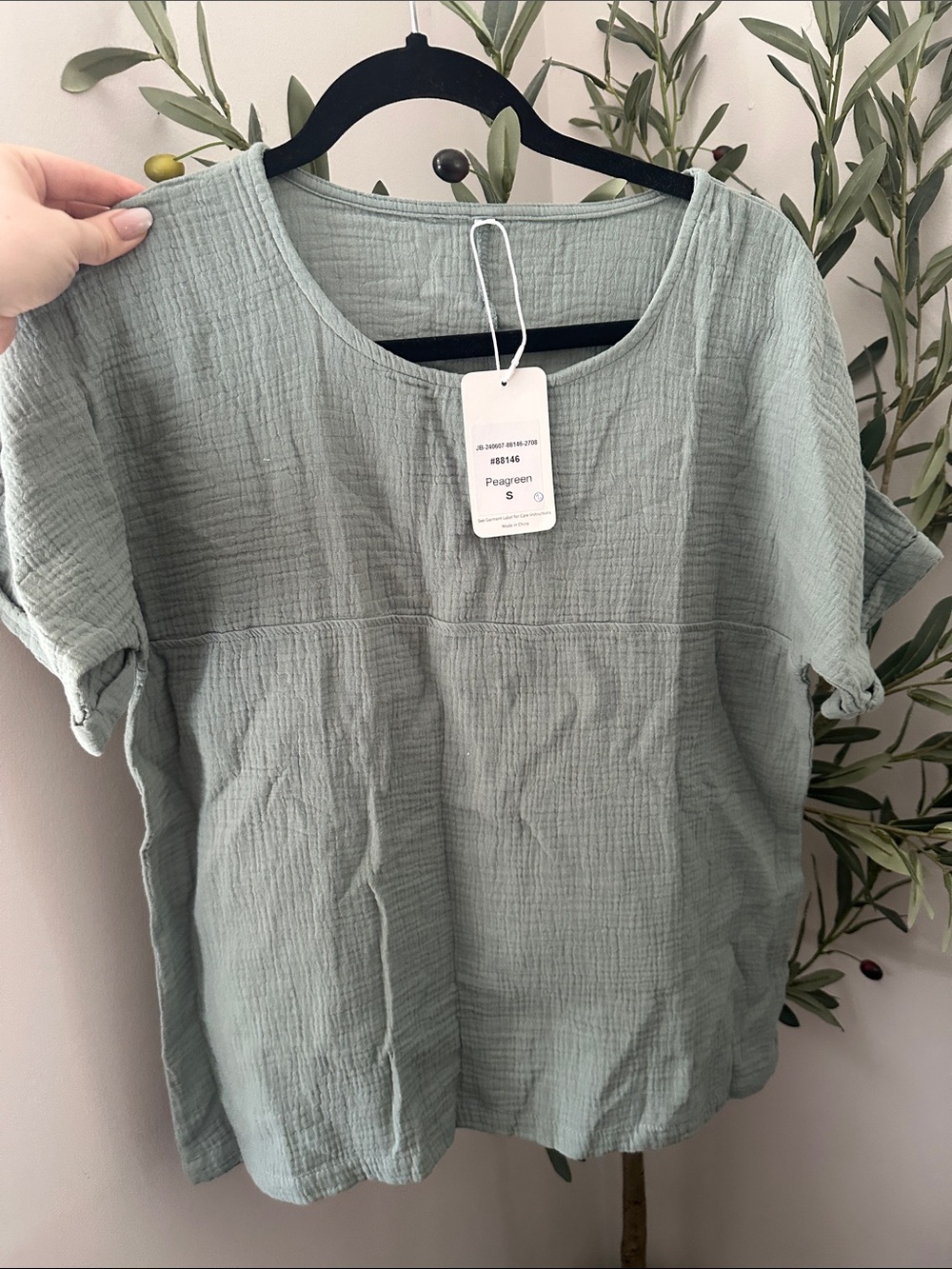 Linen/Cotton Relaxed Scoop Neck Women’s Top in Sage Green - Picture 2 of 4